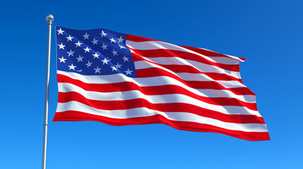 Fototapeta premium United States flag gently waving in the wind against a clear blue sky