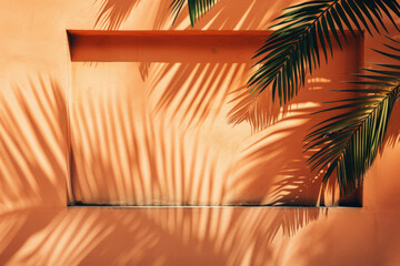 Palm tree casts its shadow on wall. This image can be used to depict tropical or sunny environment