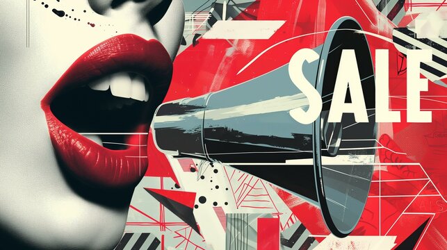 SALE collage, megaphone, shouting female mouth with red lipstick, geometric shapes, ultra modern, bold colors