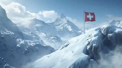 Swiss flag elegantly displayed against the snowy peaks of the mountains
