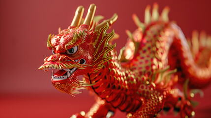 Red and gold dragon statue resting on vibrant red surface. Perfect for adding touch of elegance and mystique to any space