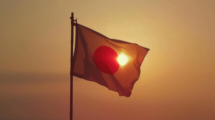 Japanese Rising Sun flag gently swaying in the breeze against a minimalist background