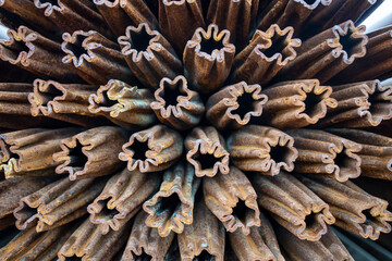 Pile of rusted steel pipes. selective focus