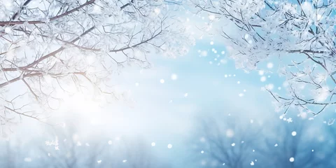 Fototapeten snowflakes and ice crystals isolated on blue sky, panoramic winter background © candra