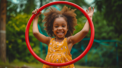 a child playing on a yellow hula hoop while wearing overalls
