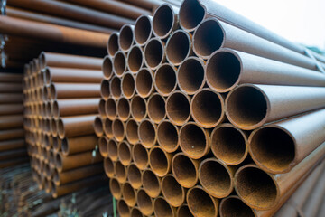 Pile of rusted steel pipes. selective focus