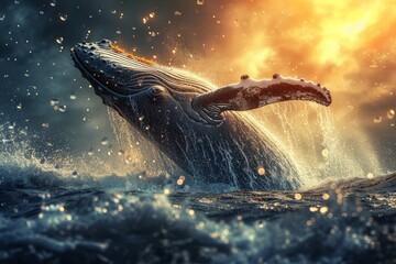 Majestic humpback whale breaching ocean surface at dusk.