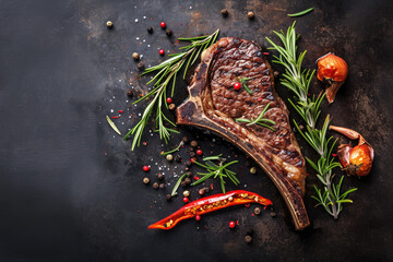 Delicious piece of steak with flavorful blend of herbs and spices, presented on sleek black surface. Perfect for food lovers and culinary enthusiasts.