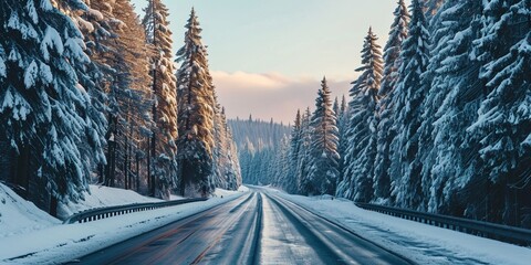 A highway flanked by rows of pine trees covered in fresh snow, with the early light of dawn...