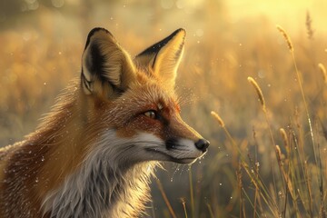 Obraz premium Wild fox sitting in a field during the golden hour.