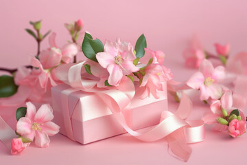 White box with pink flowers on pink background. Perfect for gift packaging or feminine designs