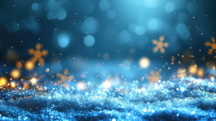 Beautiful blue and gold Christmas background with falling snowflakes. Perfect for festive designs and holiday-themed projects