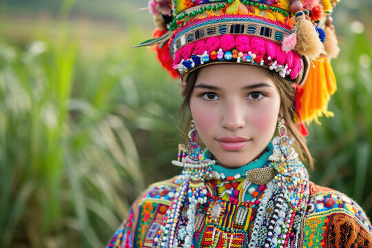Woman wearing vibrant headdress stands in picturesque field. This image can be used to depict cultural diversity and celebration of traditions