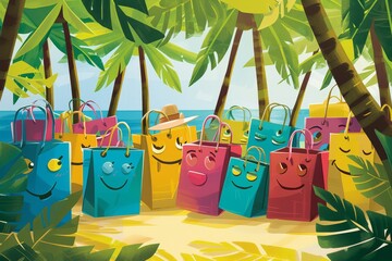 Colorful cartoon shopping bags with expressions on a sunny beach.