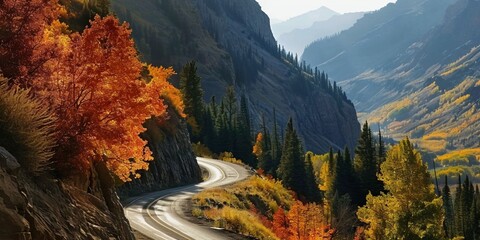A highway clinging to the side of a mountain, overlooking a deep valley filled with autumn-colored trees under a sunrise - obrazy, fototapety, plakaty