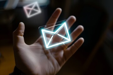 A person's hand engaging with a floating holographic email icon concept.