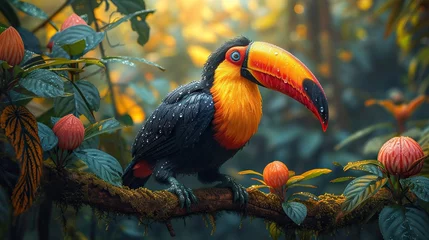 Papier Peint photo Toucan Colorful toucan sits gracefully on a jungle branch, surrounded by lush foliage
