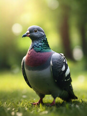 Fototapeta premium Enchanting Forest Scene: Close-Up of a Pigeon Amidst Verdant Green Grass, Illuminated by Warm Sunlight in 8K Quality, with a Magical Atmosphere and Perfect Composition