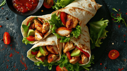 Delicious tortilla filled with seasoned chicken, fresh lettuce, and ripe tomatoes. Perfect for quick and satisfying meal. Great for food blogs, restaurant menus, and recipe websites