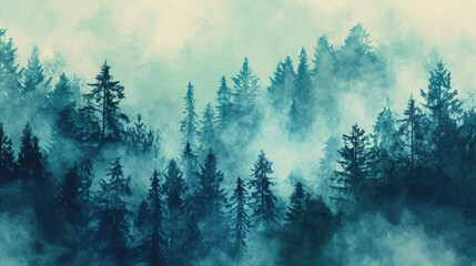 Foggy forest with group of trees. Perfect for nature or landscape backgrounds