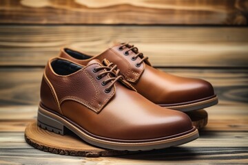 Polished brown leather shoes on wooden surface.