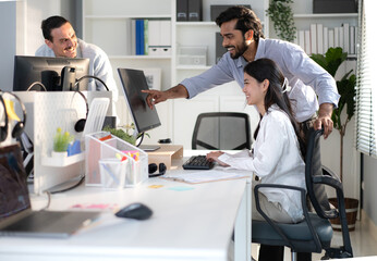 Fototapeta premium Diverse group of people, teamwork of multiethnic businesspeople meeting startup business project in corporate office. Businesswoman and Indian team working talking, brainstorming marketing strategy.