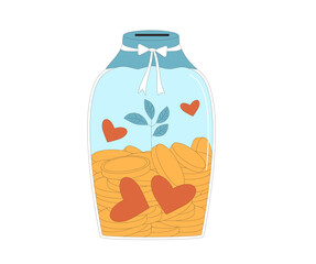Donation box. Glass jar money with coins, banknotes, heart symbols. Charity symbol.