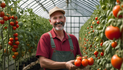 A farmer in overalls, joyfully plucking vibrant red tomatoes from the vine in a bustling greenhouse