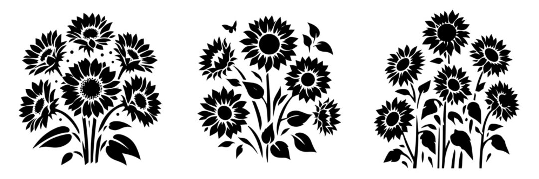 Vector set of 3 sunflowers in silhouette style