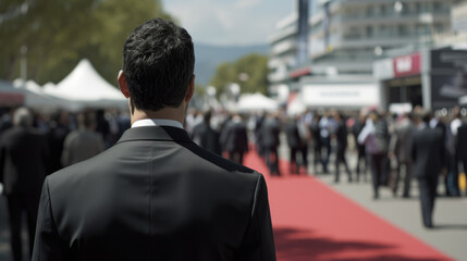 Man in suit standing on red carpet. Ideal for events, awards ceremonies, and VIP entrances