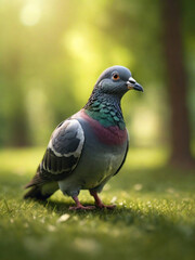 Enchanting Forest Scene: Close-Up of a Pigeon Amidst Verdant Green Grass, Illuminated by Warm Sunlight in 8K Quality, with a Magical Atmosphere and Perfect Composition
