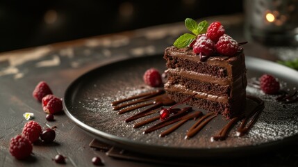 Slice of chocolate cake topped with raspberries