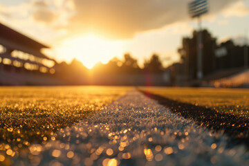 Close-up view of soccer field with sun shining in background. This image can be used to depict...