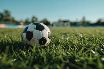 Fototapeta premium Soccer ball sitting on top of lush green field. Suitable for sports-related designs and advertisements