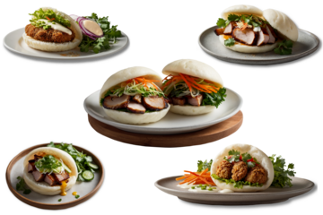 Bao buns Asian food set 2 isolated on white background.