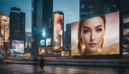 A presenter unveiling a captivating display ad on a massive digital billboard in a bustling city