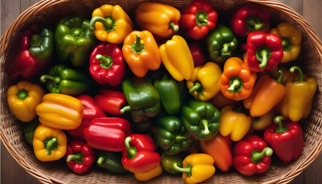 A picturesque scene of assorted bell peppers nestled in a wicker basket, a rainbow of flavors