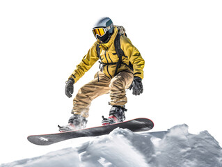 a person in a yellow snow suit jumping on a snowboard