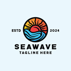 Ocean Wave Logo Colorful Vector, Sunrise Icon Symbol, Bright Sun Creative Vintage graphic Design
