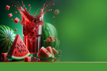 Summer Thirst Quencher: Realistic Watermelon Slice with Splash, Watermelon Juice Splash: Healthy Drink Advertisement, Watermelon Slice on Green Background: Organic Graphic - obrazy, fototapety, plakaty