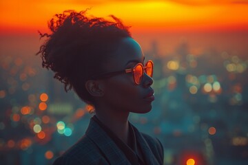 Stylish businesswoman with sunset city backdrop, reflective mood