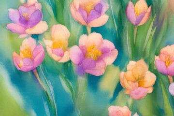 Crocuses. Spring floral background with pink, purple and green colors