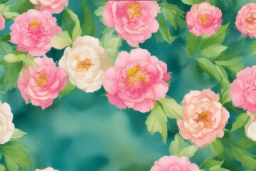 Peonies. Spring floral background with pink, purple and green colors