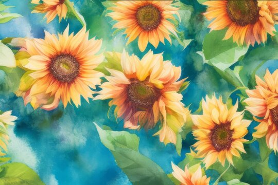 Sunflowers. Spring floral background with pink, purple and green colors