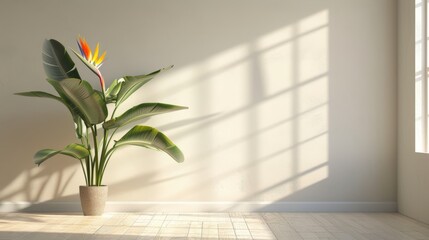 A stark contrast exists between the vibrant sunlight and the artificial plant in the empty corner, highlighting the absence of real nature
