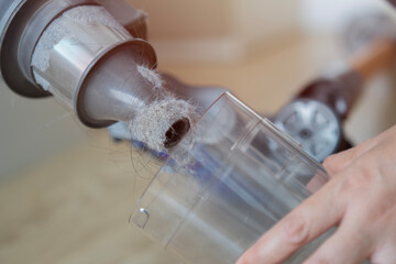 Close up pile of garbage dust from the vacuum cleaner after cleaning at home.