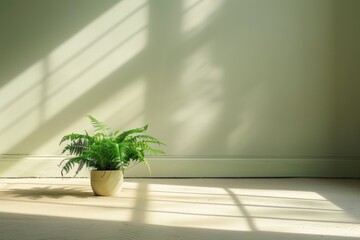 A potted sword fern thrives in the sunlight streaming through a nearby window in an empty room