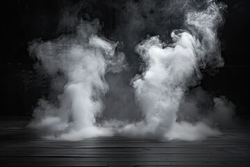 Space for displaying products is dramatically enhanced by presence of swirling white smoke dark enigmatic background setting creates sense of abstract beauty and motion smoke