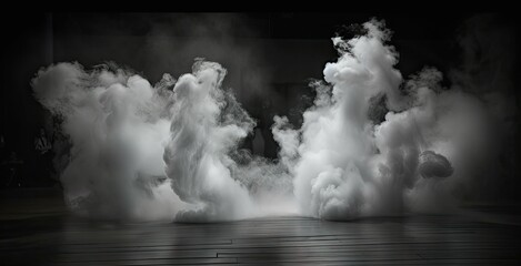 Space for displaying products is dramatically enhanced by presence of swirling white smoke dark enigmatic background setting creates sense of abstract beauty and motion smoke