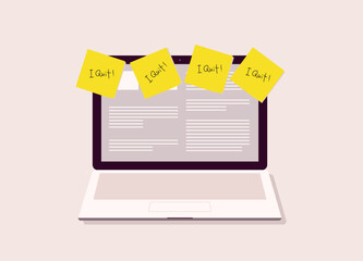 Front View Of An Opened Laptop With Yellow Sticky Notes &ldquo;I Quit&rdquo; On Monitor Screen. 